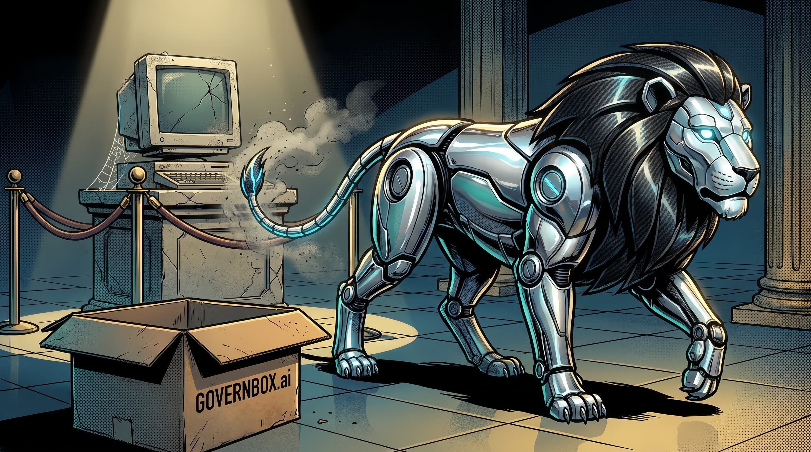 The GOVERNBOX chrome lion striding past an obsolete, cobwebbed computer on a museum plinth toward a modern risk program.