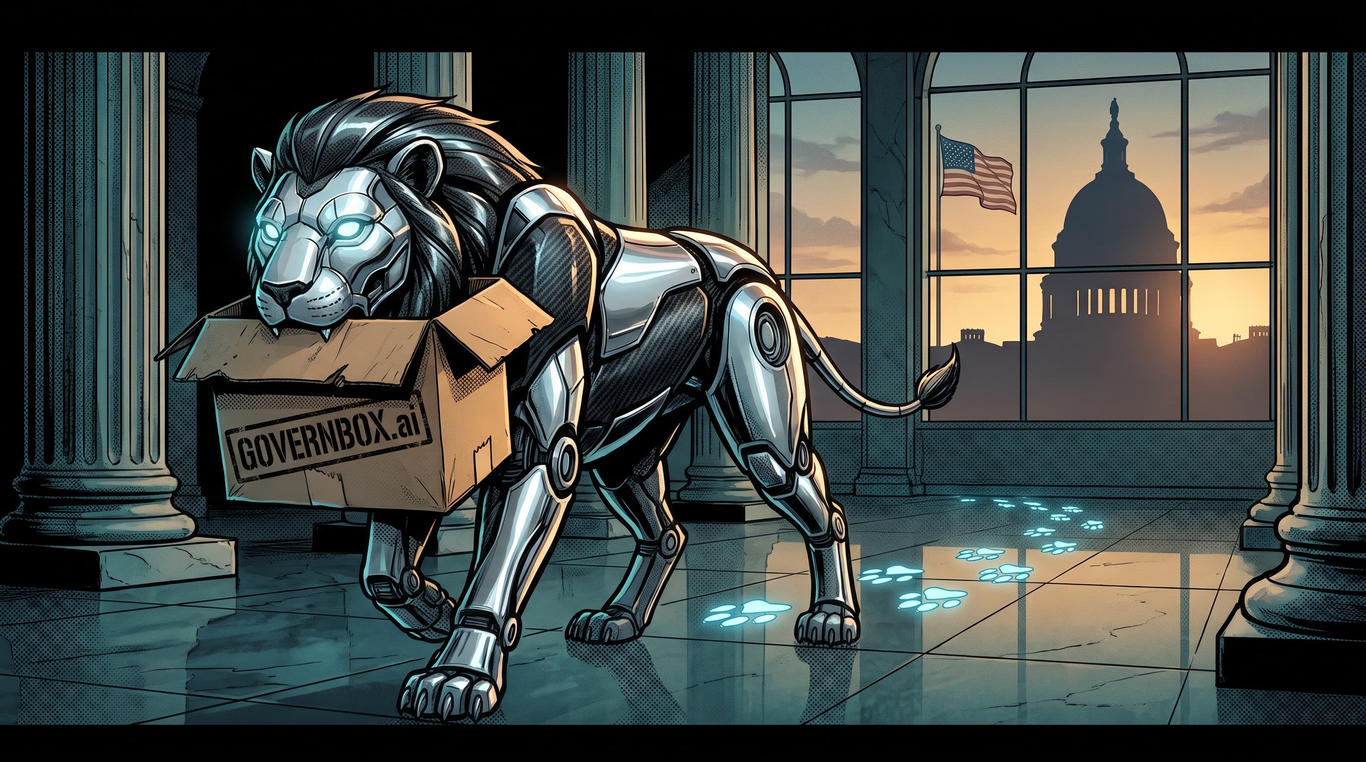 The GOVERNBOX chrome lion carrying the governance box through an institutional hall, the U.S. Capitol at dusk beyond the window.