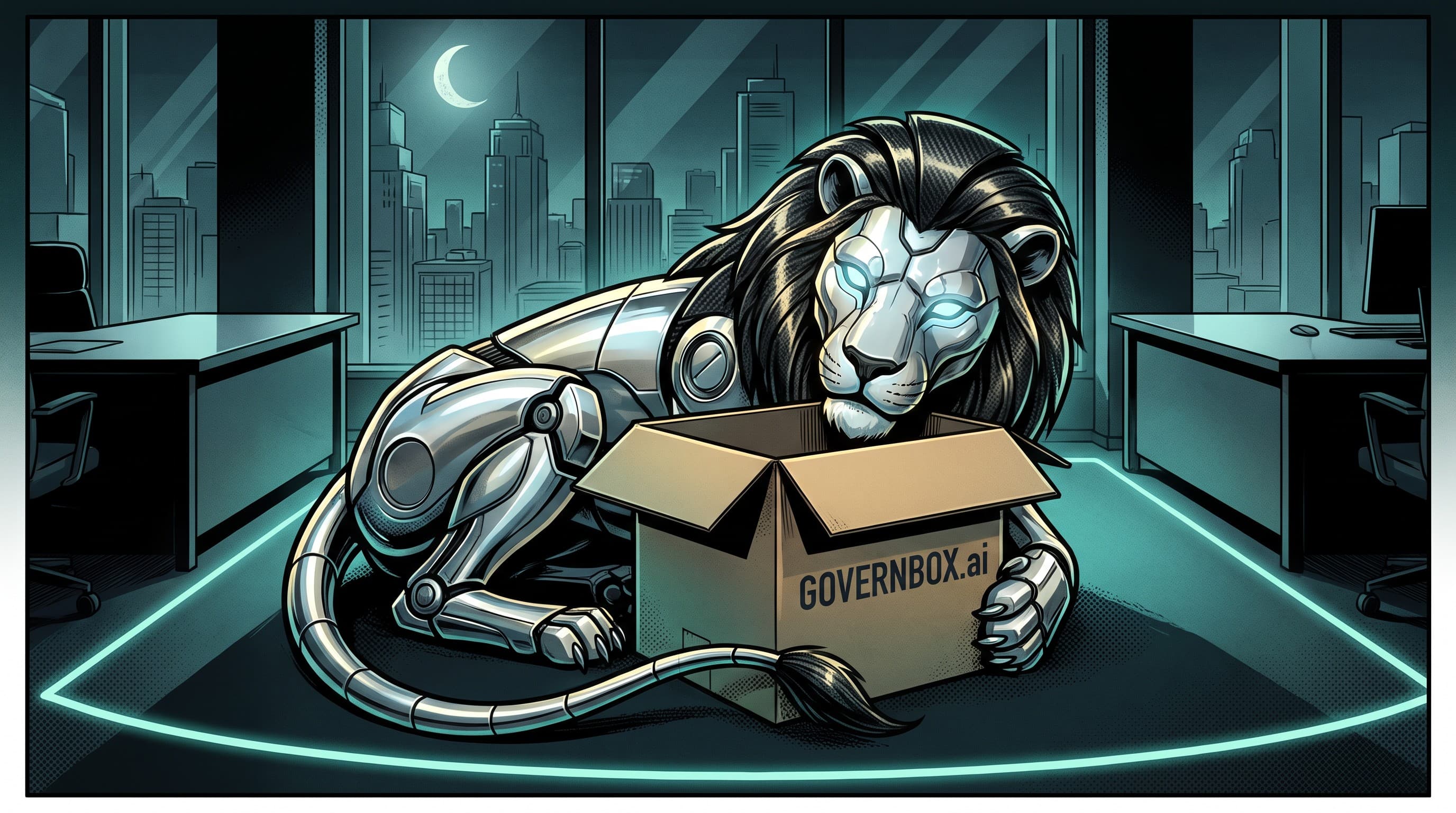 The GOVERNBOX chrome lion guarding the data box within a glowing security perimeter — your data, protected.