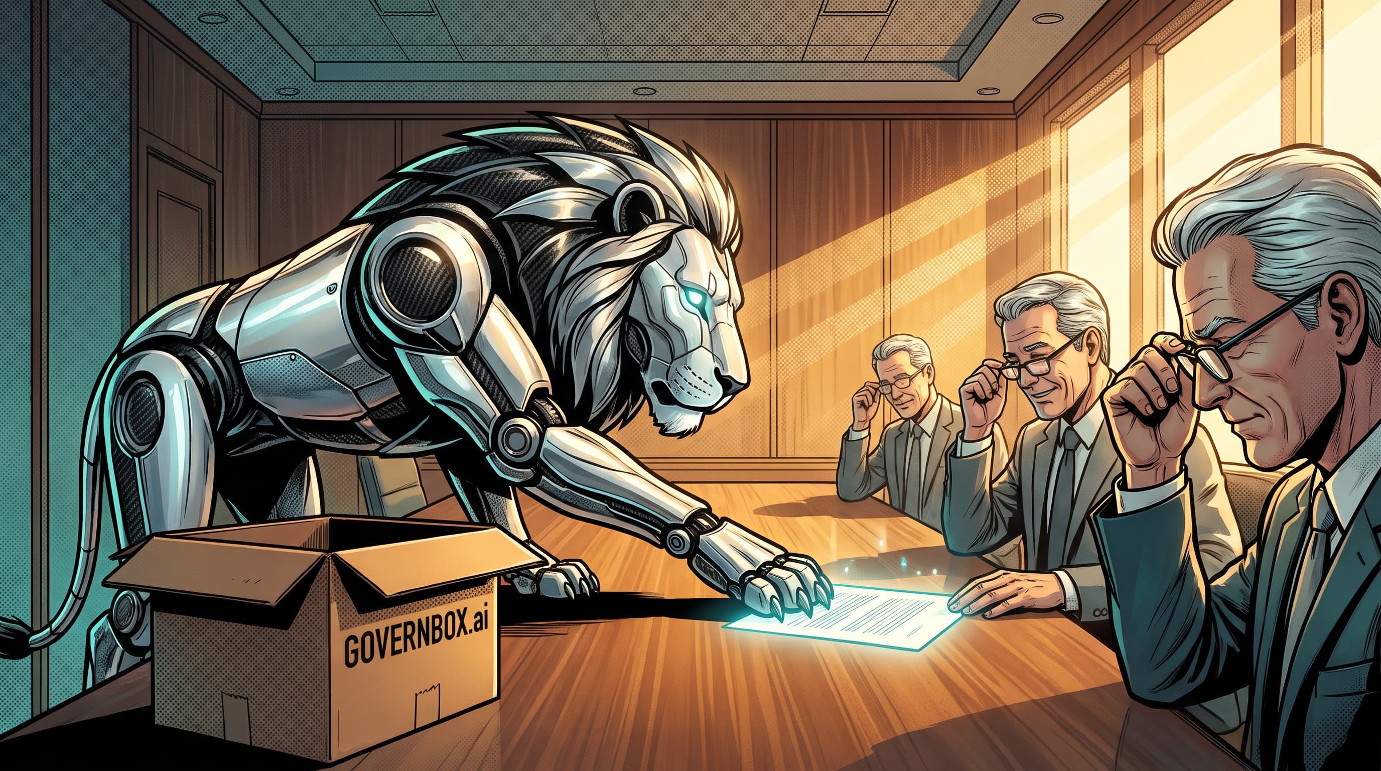 The GOVERNBOX chrome lion presenting a clean, board-ready IT report to an impressed leadership team.