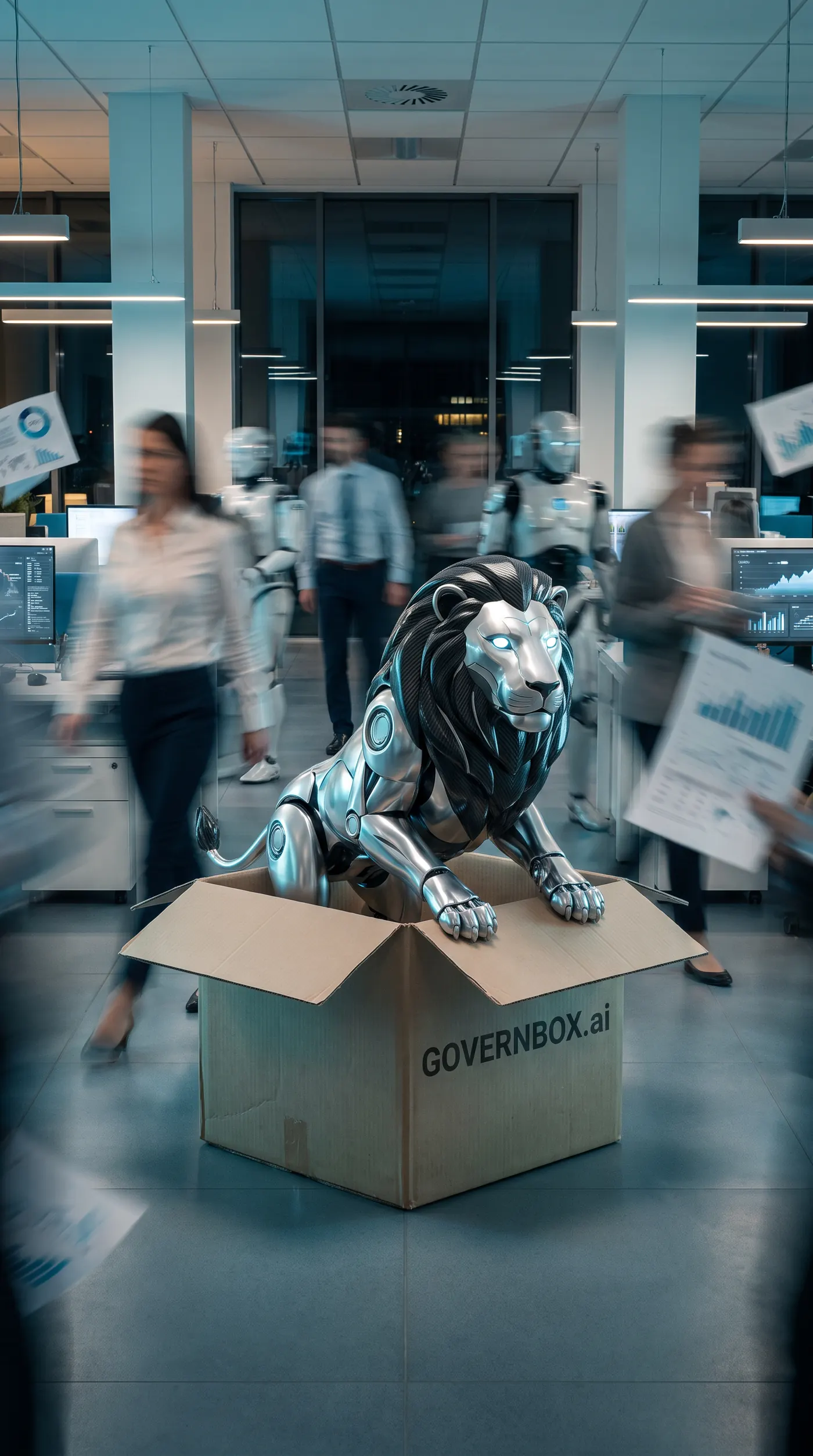 The GOVERNBOX chrome lion rising from a GOVERNBOX.ai shipping box in the middle of a working office, staff and machines moving past it in motion blur.