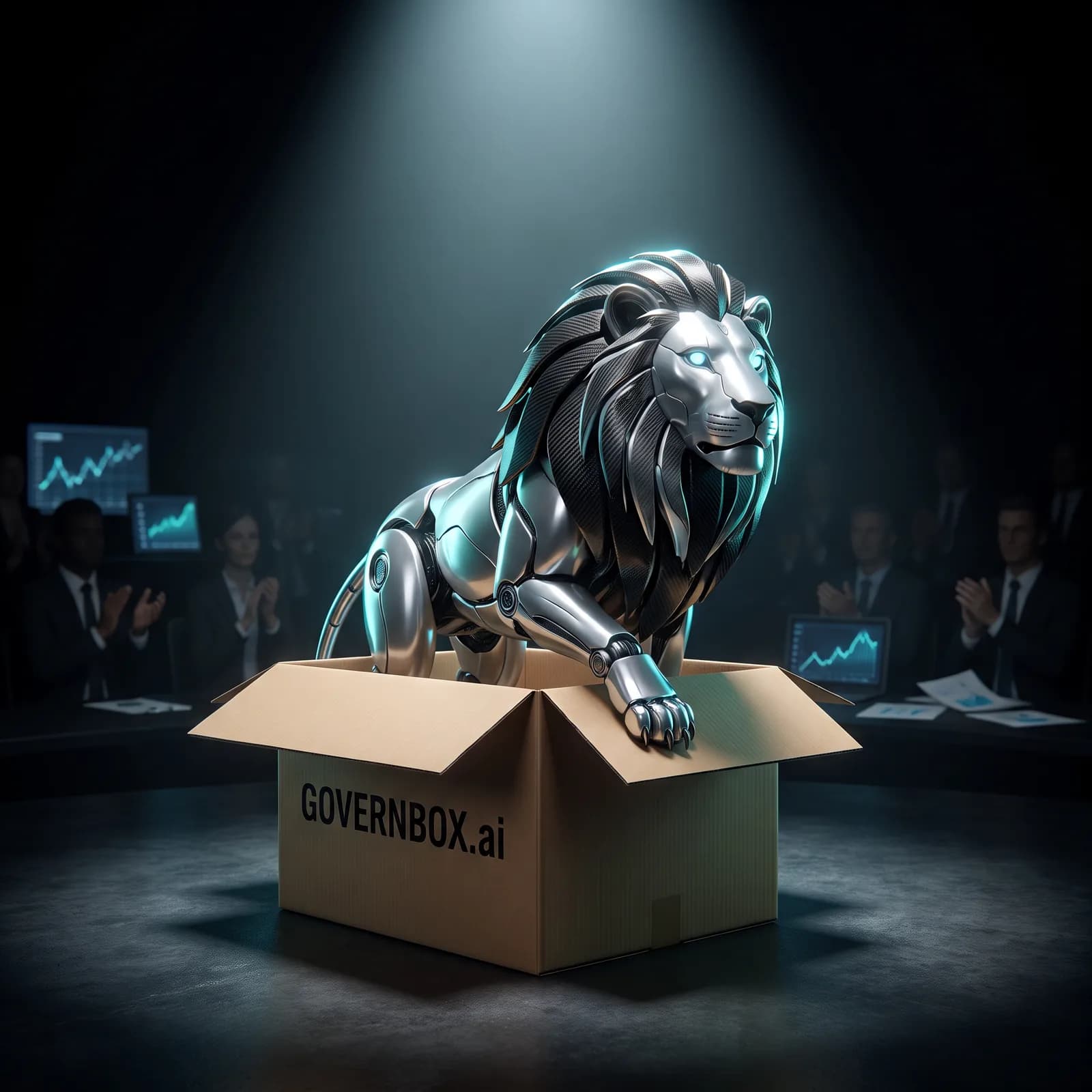 The chrome lion revealed from the GOVERNBOX.ai box to an audience of leaders