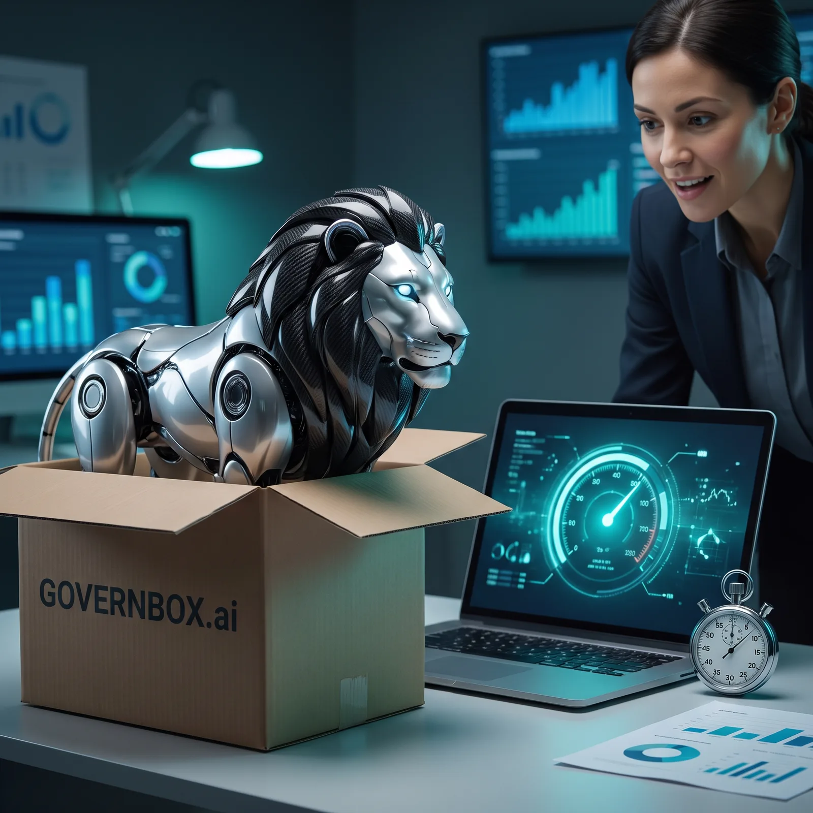 A working office with staff in motion and the chrome lion keeping watch