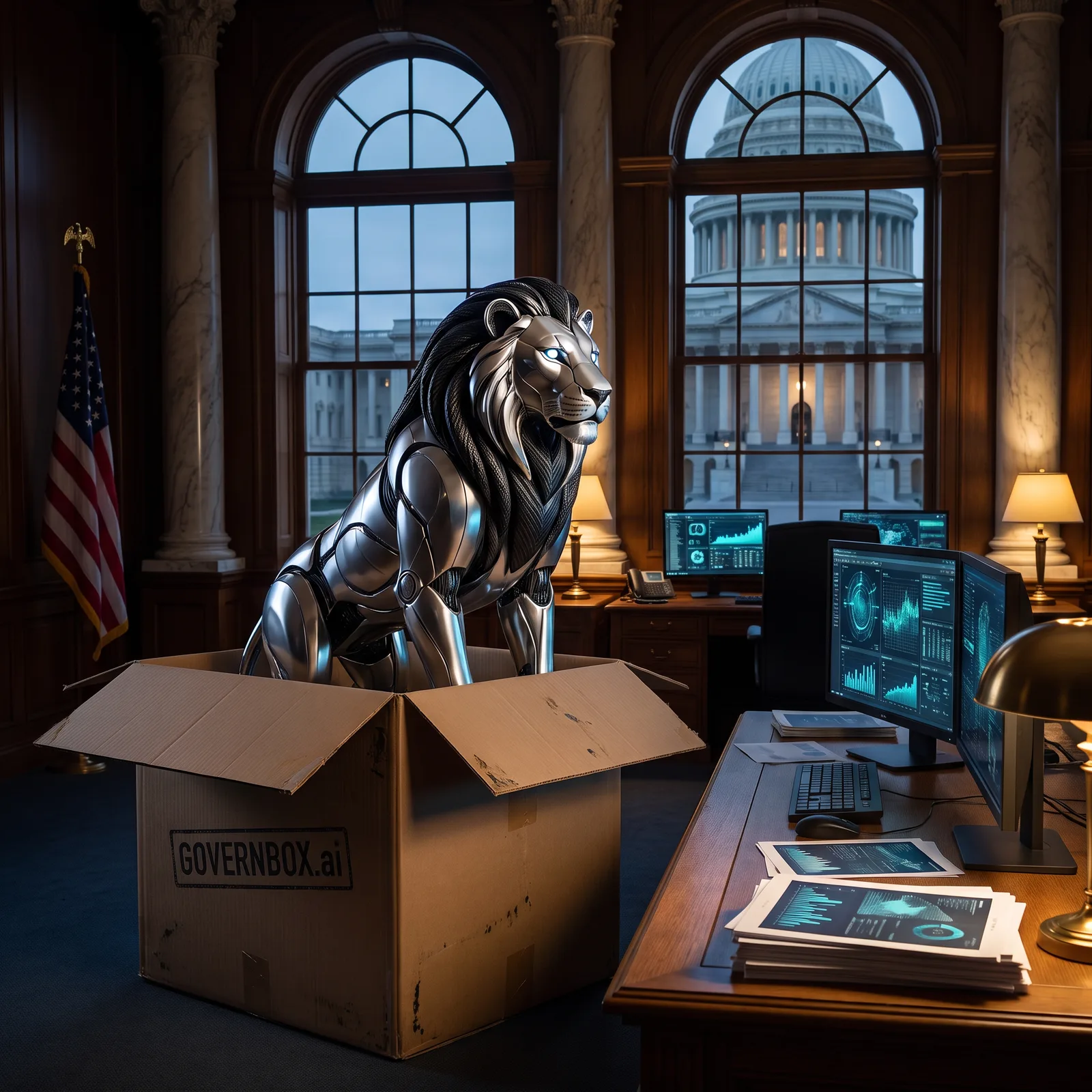 The chrome lion arriving in a government office, the Capitol dome visible through the window