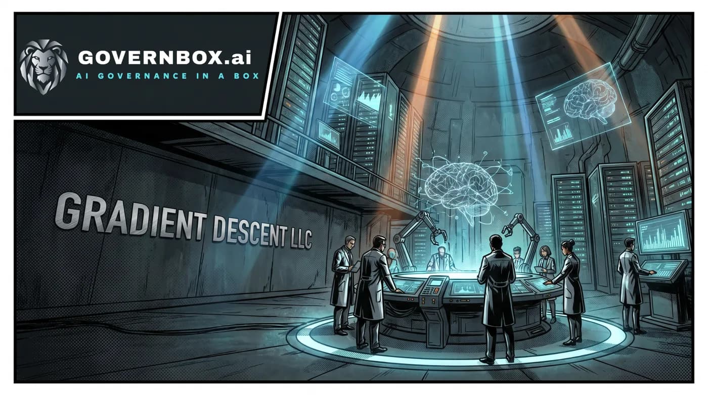 Comic panel: the lion guardian takes shape inside the Gradient Descent LLC AI Lab.