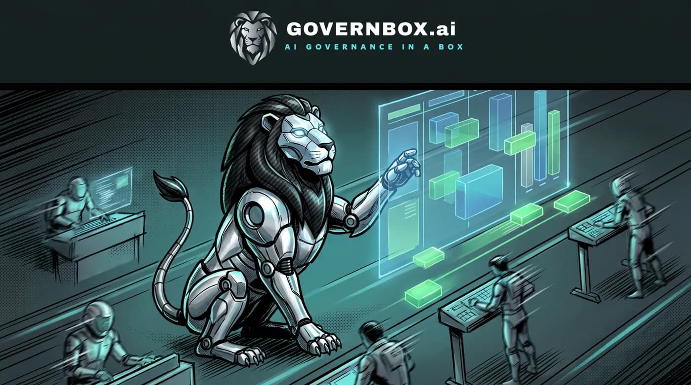 Comic panel: the lion guardian commands an AI project board of tasks, owners, and deadlines.