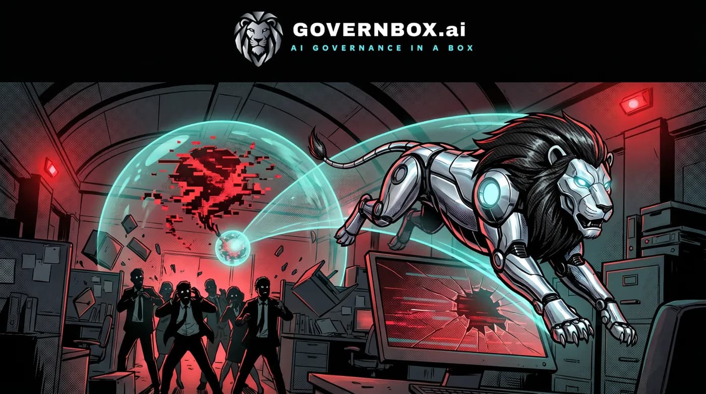 Comic panel: the lion guardian contains and logs an AI incident, turning failure into the fix.