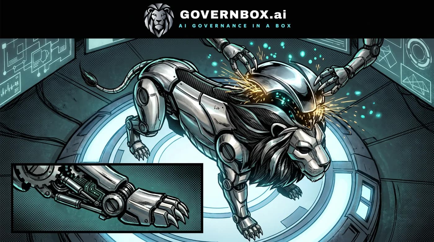 Comic panel: the lion guardian's armor is forged plate by plate from governance standards.