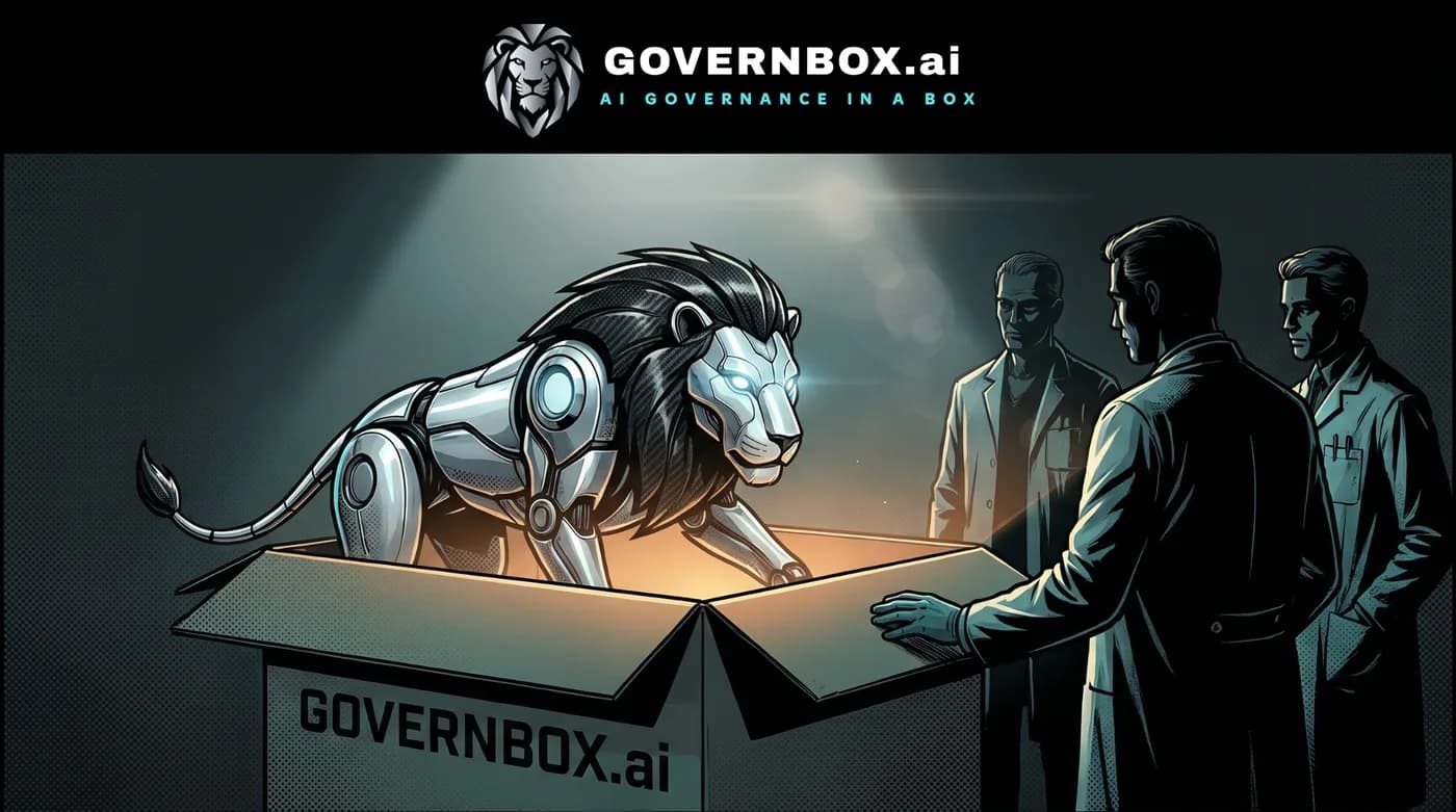 Comic panel: the lion guardian is placed inside the GOVERNBOX.ai box, ready to ship.