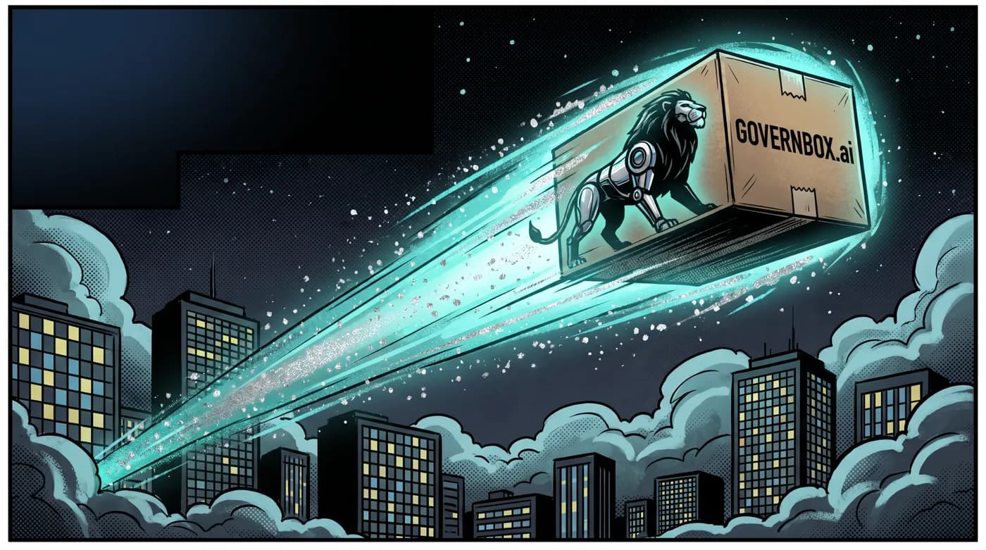 Comic panel: GOVERNBOX.ai boxes are delivered to organizations of every size.