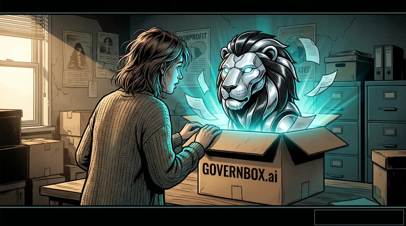 Comic panel: the box is opened and the lion guardian immediately gets to work.