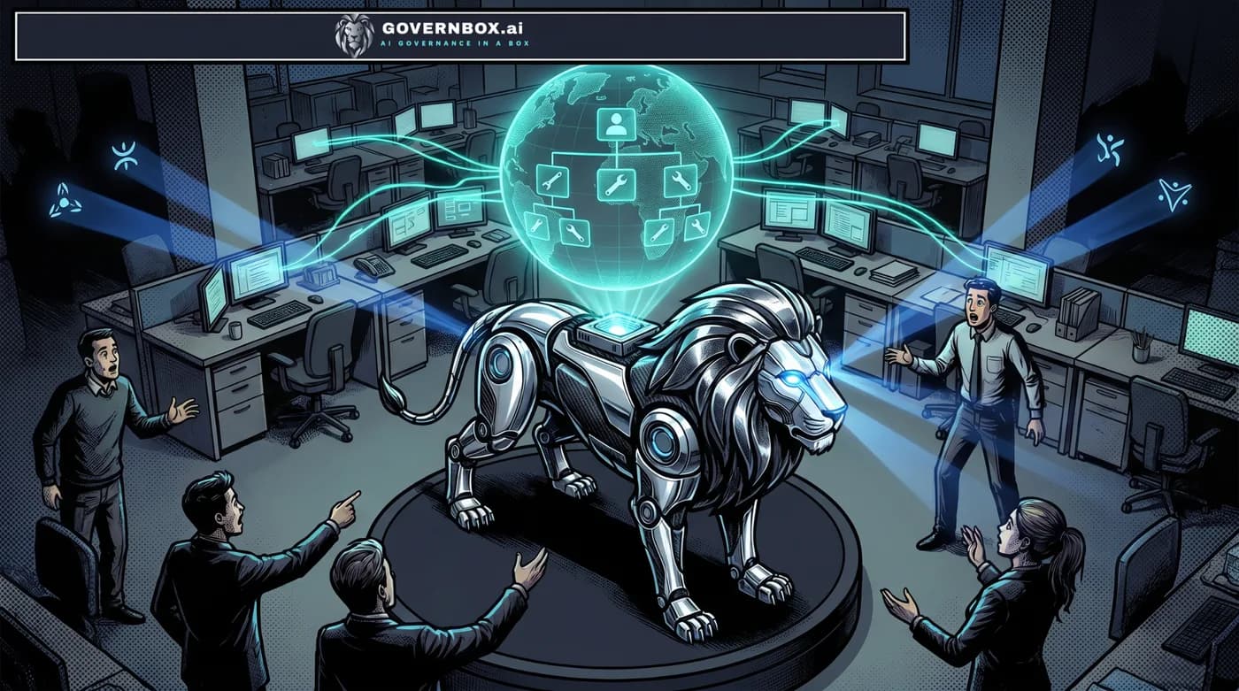 Comic panel: the lion guardian reveals every AI tool in the organization, including shadow AI.