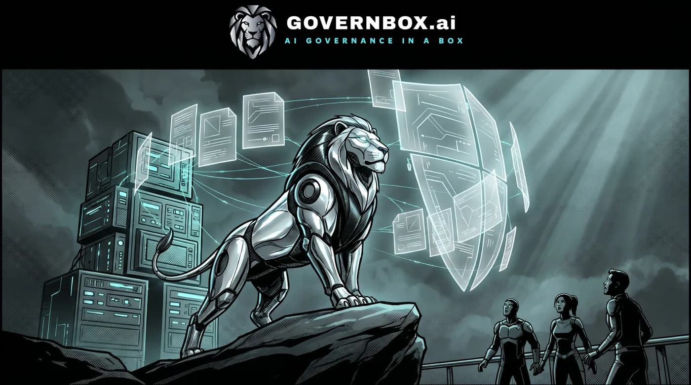 Comic panel: the lion guardian forges policy clauses from a cited control library.
