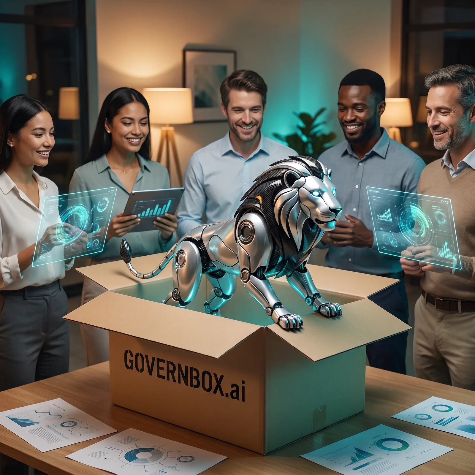 The chrome lion lighting a dark office where AI is running unwatched