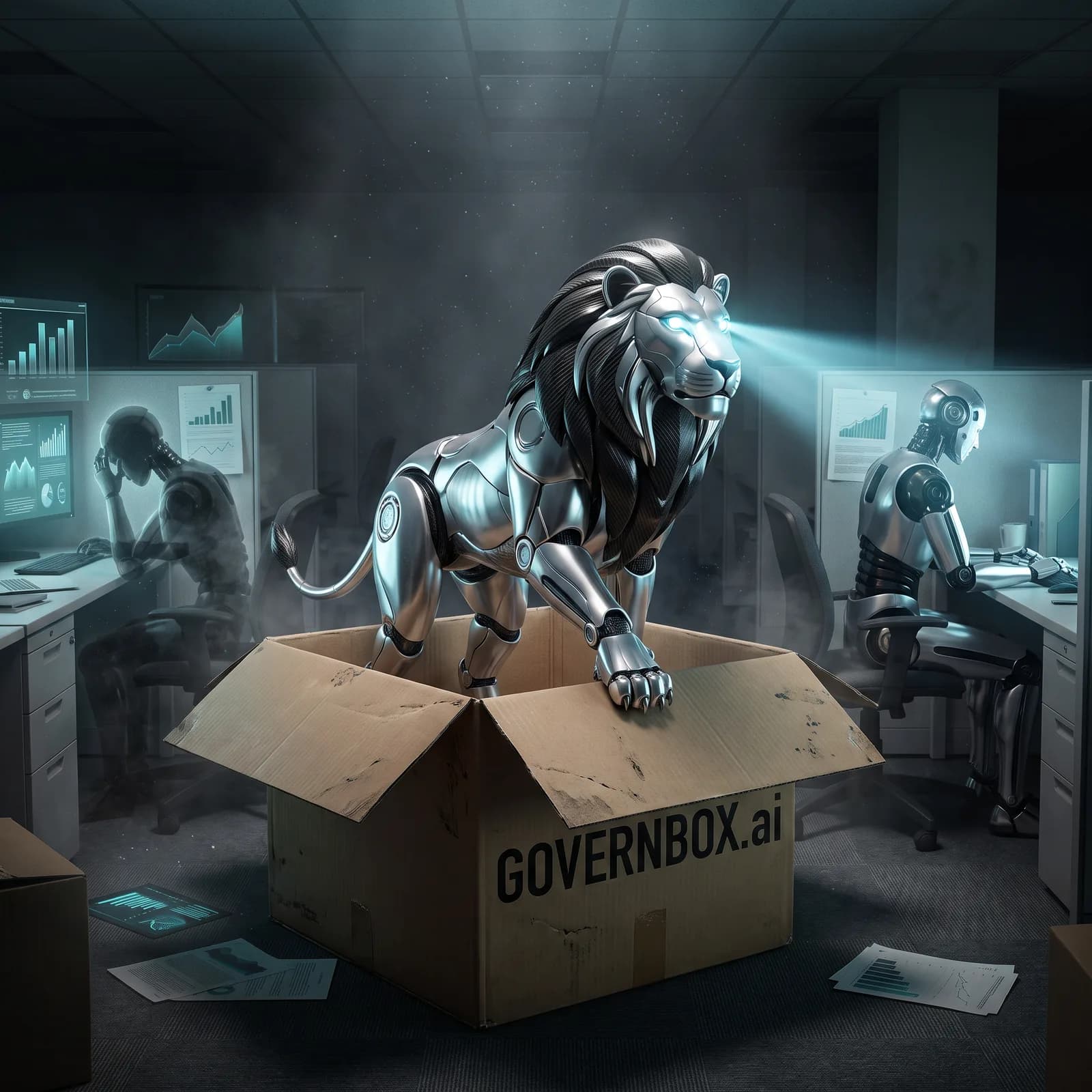 A server hall with the chrome lion watching five live dashboards
